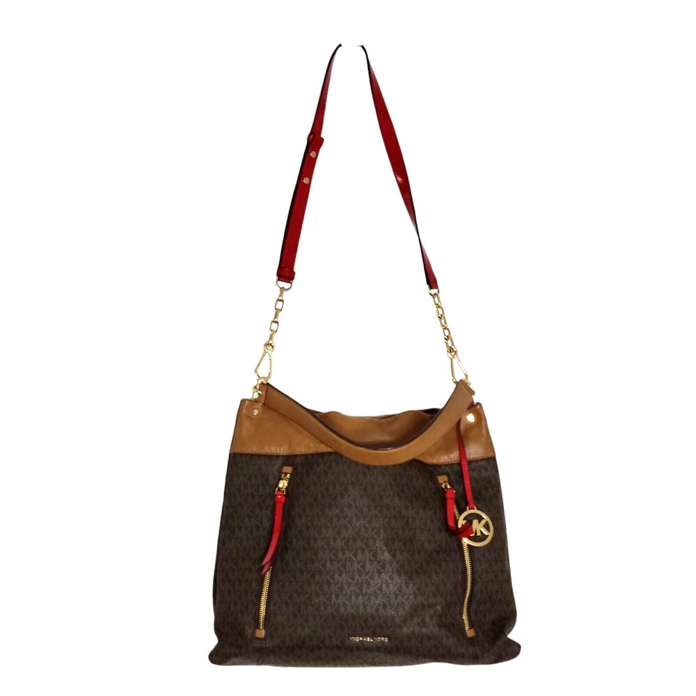 Michael Kors Lex Large Hobo Convertible Bag Signature Brown Acorn Red